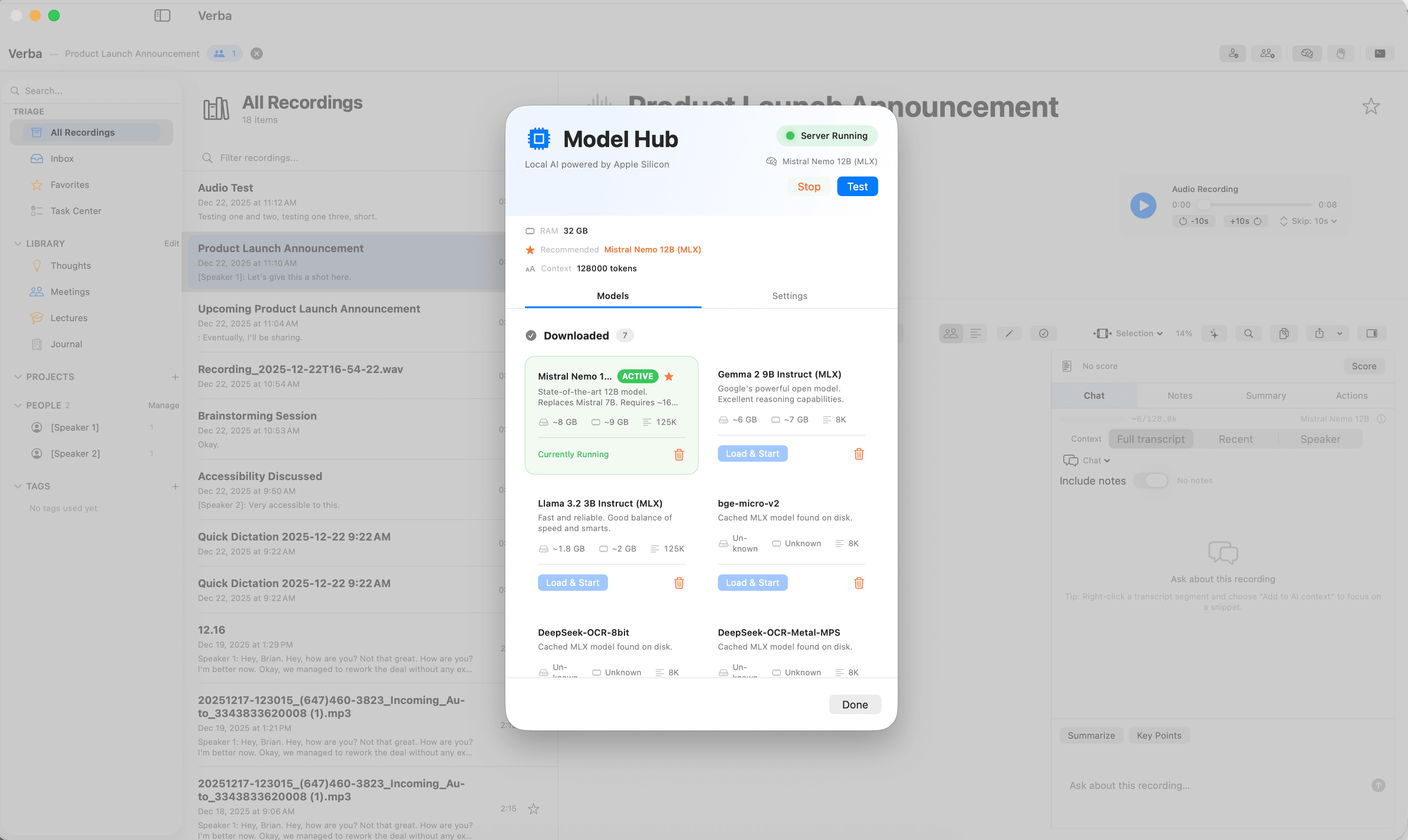 Verba Model Hub showing downloadable AI models for local processing
